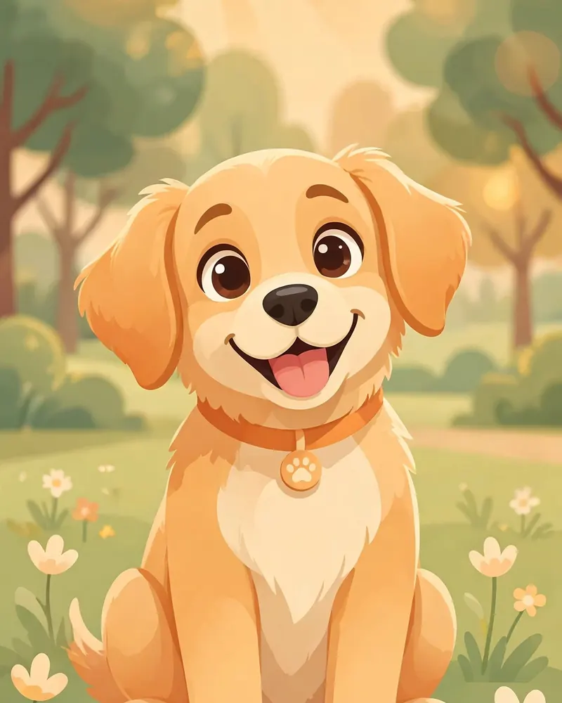 Happy golden puppy sitting in a sunny park